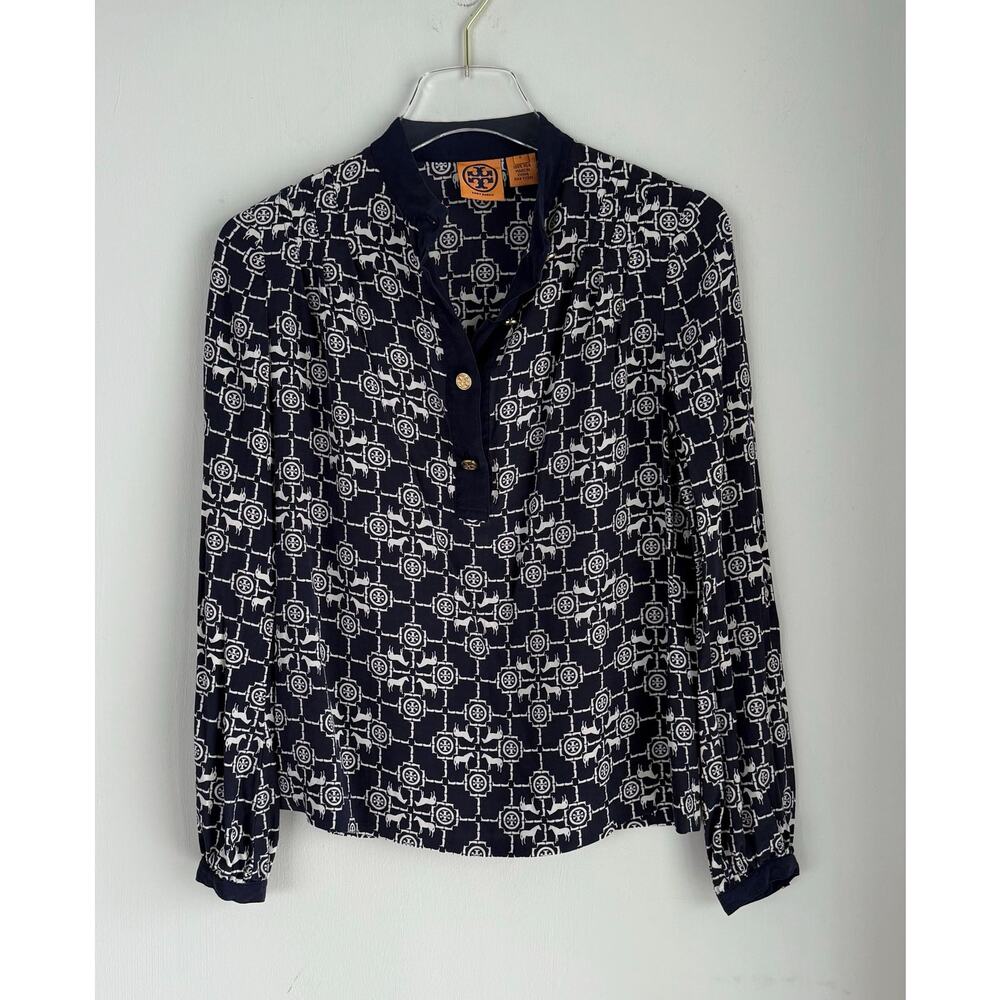 Tory Burch Silk Tunic Top Monogram Horse Print Size 2 Blue White Gold Buttons